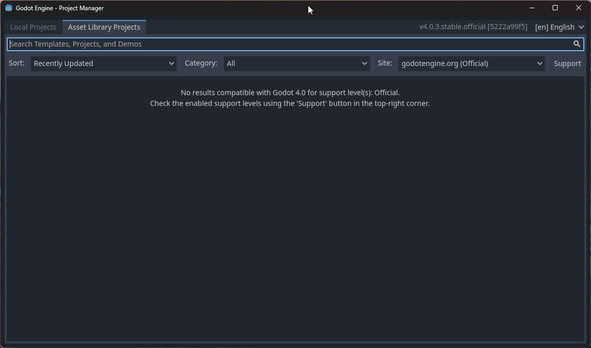 No results compatible with Godot 4.0 for support level(s): Official.